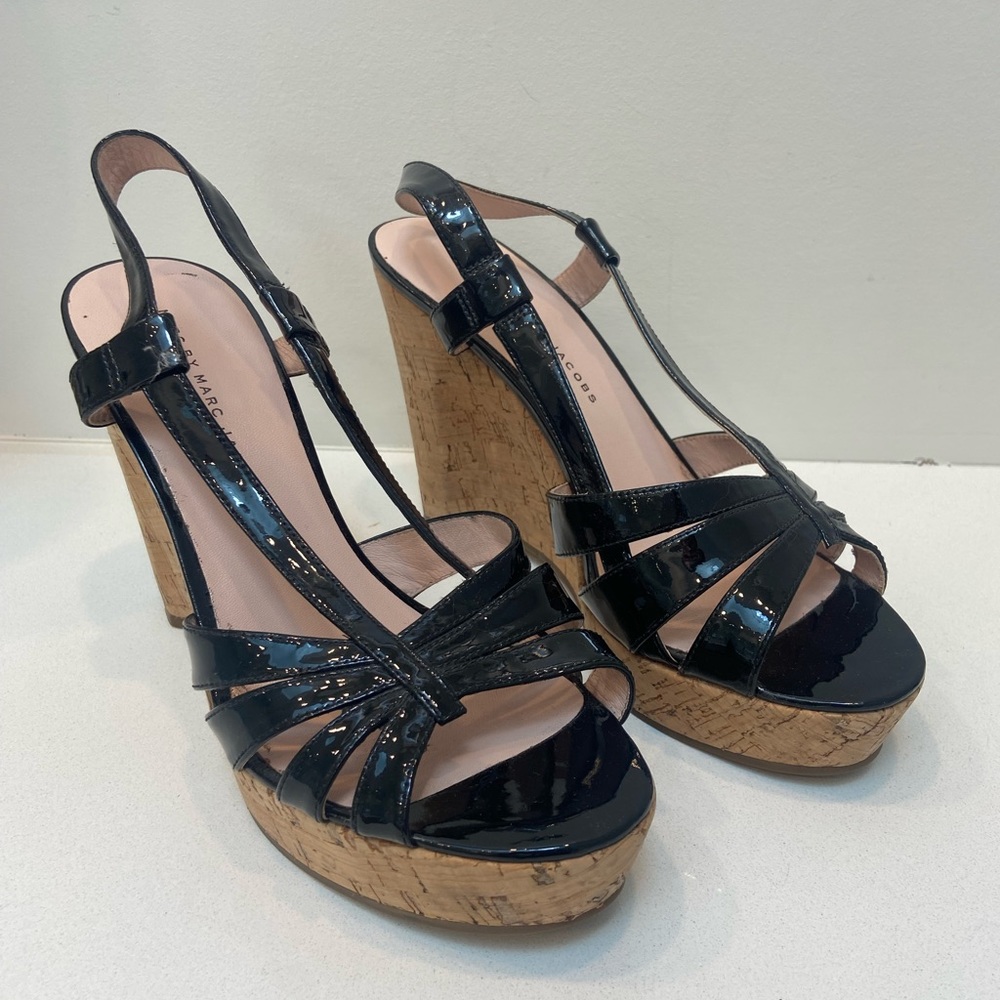 MARC BY MARC JACOBS Black Patent Strappy Platform Cork Wedge Sandals (Size 38)